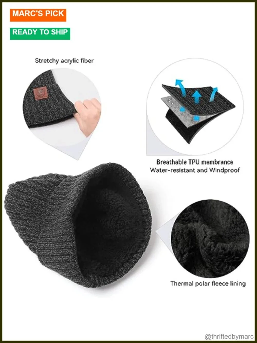 Knit Beanie Winter Hat Thermal Thick Polar Fleece Snow Skull Cap